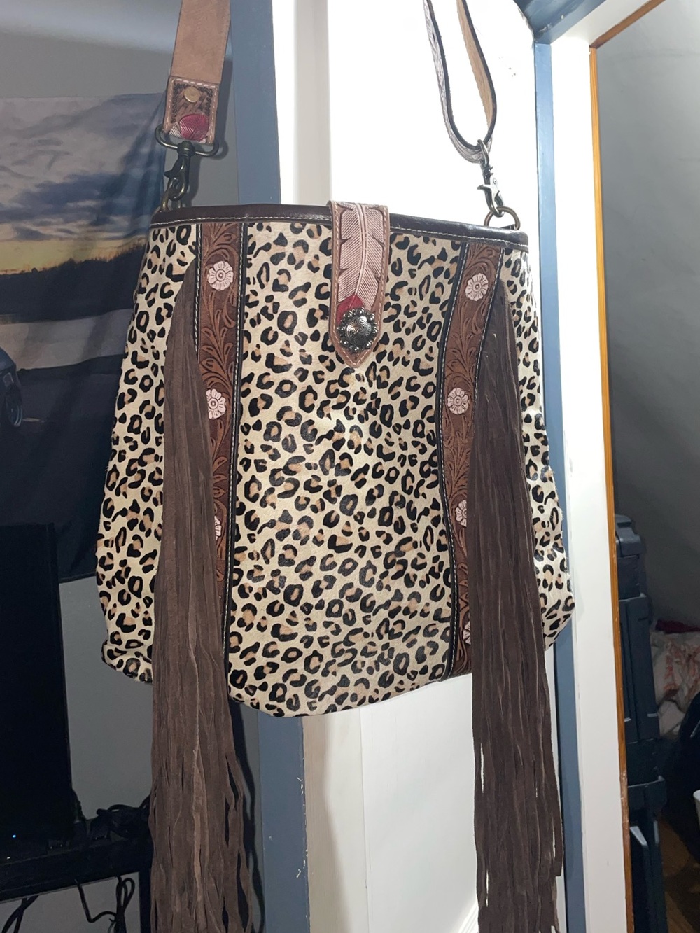 MYRA Leopard Print Fringe Crossbody Bag - Brown